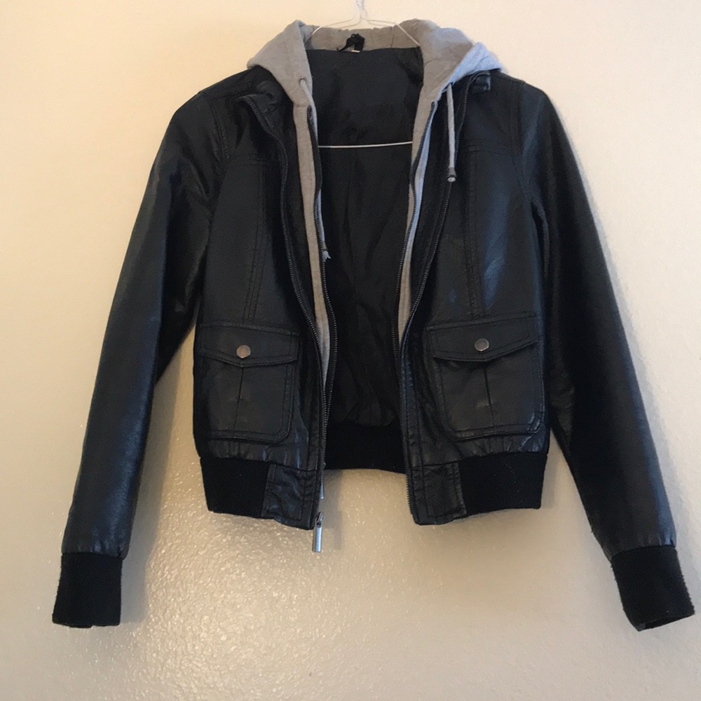 Black Leather Jacket w/ Grey hood